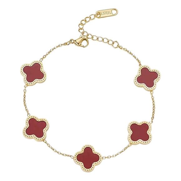 Four Leaf Clover/Red Flower & Gold Bracelet • NWOT - Picture 1 of 9